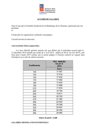 ACCORD DE SALAIRES
Entre d’une part la Chambre Syndicale de la Métallurgie de la Charente, représentée par son
président
e...