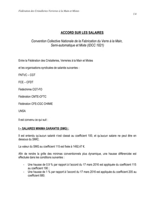 Fédération des Cristalleries Verreries à la Main et Mixtes
1/4
ACCORD SUR LES SALAIRES
Convention Collective Nationale de ...