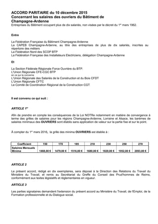 ACCORD PARITAIRE du 10 décembre 2015
Concernant les salaires des ouvriers du Bâtiment de
Champagne-Ardenne
Entreprises du ...