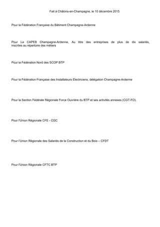 Fait à Châlons-en-Champagne, le 10 décembre 2015
Pour la Fédération Française du Bâtiment Champagne-Ardenne
Pour La CAPEB ...