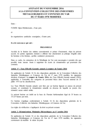 1
AVENANT DU 9 NOVEMBRE 2016
A LA CONVENTION COLLECTIVE DES INDUSTRIES
METALLURGIQUES ET CONNEXES DU VAR
DU 17 MARS 1978 M...
