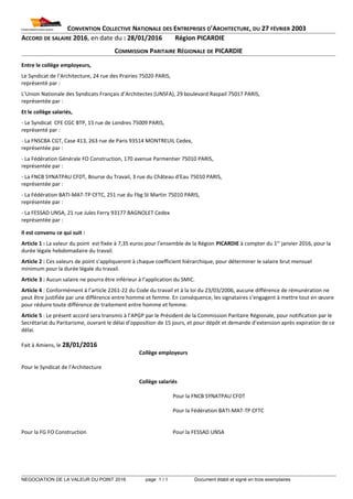 CONVENTION COLLECTIVE NATIONALE DES ENTREPRISES D’ARCHITECTURE, DU 27 FÉVRIER 2003
ACCORD DE SALAIRE 2016, en date du : 28...
