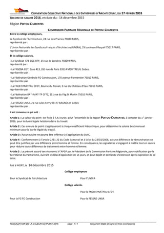 CONVENTION COLLECTIVE NATIONALE DES ENTREPRISES D’ARCHITECTURE, DU 27 FÉVRIER 2003
ACCORD DE SALAIRE 2016, en date du : 14...
