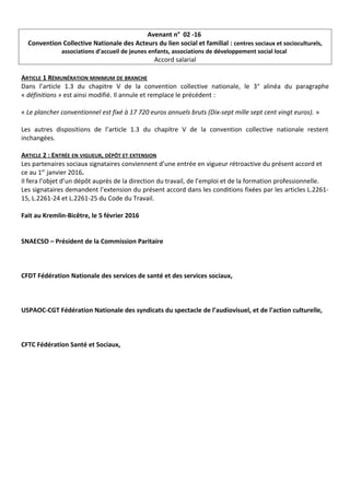 Avenant n° 02 -16
Convention Collective Nationale des Acteurs du lien social et familial : centres sociaux et socioculture...