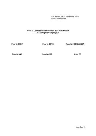 Fait à Paris, le 21 septembre 2016
En 12 exemplaires.
Pour la Confédération Nationale du Crédit Mutuel
La Délégation Emplo...