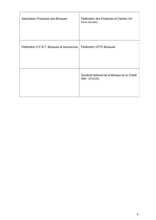 4
Association Française des Banques Fédération des Employés et Cadres CGT
Force Ouvrière
Fédération C.F.D.T. Banques et As...