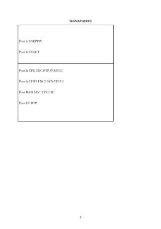 SIGNATAIRES
Pour le SNEPPIM
Pour la CSNGT
Pour la CFE-CGC BTP SPABEIC
Pour la CFDT FNCB SYNATPAU
Pour BATI MAT TP CFTC
Pou...