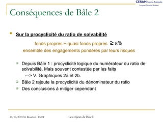 Conséquences de Bâle 2 
 Sur la procyclicité du ratio de solvabilité 
fonds propres + quasi fonds propres ≥ 8% 
ensemble des engagements pondérés par leurs risques 
 Depuis Bâle 1 : procyclicité logique du numérateur du ratio de 
solvabilité. Mais souvent contestée par les faits 
---> V. Graphiques 2a et 2b. 
 Bâle 2 rajoute la procyclicité du dénominateur du ratio 
 Des conclusions à mitiger cependant 
20/10/2005 M. Bouchet - FMIT Les enjeux de Bâle II 
 
