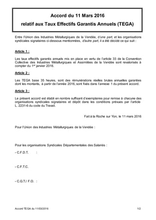 Accord TEGA du 11/03/2016 1/2
Accord du 11 Mars 2016
relatif aux Taux Effectifs Garantis Annuels (TEGA)
Entre l’Union des Industries Métallurgiques de la Vendée, d’une part, et les organisations
syndicales signataires ci-dessous mentionnées, d’autre part, il a été décidé ce qui suit :
Article 1 :
Les taux effectifs garantis annuels mis en place en vertu de l’article 33 de la Convention
Collective des Industries Métallurgiques et Assimilées de la Vendée sont revalorisés à
compter du 1er janvier 2016.
Article 2 :
Les TEGA base 35 heures, sont des rémunérations réelles brutes annuelles garanties
dont les montants, à partir de l’année 2016, sont fixés dans l’annexe 1 du présent accord.
Article 3 :
Le présent accord est établi en nombre suffisant d’exemplaires pour remise à chacune des
organisations syndicales signataires et dépôt dans les conditions prévues par l’article
L. 2231-6 du code du Travail.
Fait à la Roche sur Yon, le 11 mars 2016
Pour l’Union des Industries Métallurgiques de la Vendée :
Pour les organisations Syndicales Départementales des Salariés :
- C.F.D.T. :
- C.F.T.C.
- C.G.T./ F.O. :
 