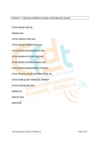 Annexe 2 – Liste des sociétés du Groupe concernées par l’accord



ATOS ORIGIN A2B SA

AREMA SAS

ATOS CONSULTING SAS

ATOS ORIGIN FORMATION SAS

ATOS ORIGIN INFOGERANCE SAS

ATOS ORIGIN INTEGRATION SAS

ATOS ORIGIN INTERNATIONAL SAS

ATOS ORIGIN MANAGEMENT FRANCE

ATOS TELEPILOTAGE INFORMATIQUE SA

ATOS WORLDLINE FINANCIAL MARKET

ATOS WORLDLINE SAS

DIAMIS SA

MANTIS SAS

SANTEOS




Accord Groupe relatif au Télétravail                              Page 15/15
 