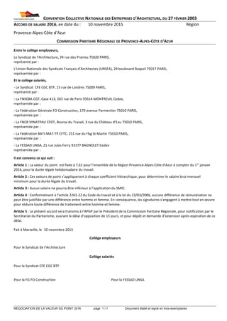 CONVENTION COLLECTIVE NATIONALE DES ENTREPRISES D’ARCHITECTURE, DU 27 FÉVRIER 2003
ACCORD DE SALAIRE 2016, en date du : 10...