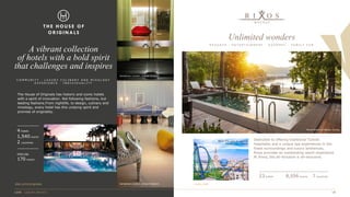 C O M M U N I T Y · L U X U R Y C U L I N A R Y A N D M I X O L O G Y
E X P E R I E N C E · I N D I V I D U A L I T Y
A vibrant collection
of hotels with a bold spirit
that challenges and inspires
The House of Originals has historic and iconic hotels
with a spirit of innovation. Not following fashions, but
leading fashions.From nightlife, to design, culinary and
mixology, every hotel has this undying spirit and
promise of originality.
sbe.com/originals
4 hotels
1,540 rooms
2 countries
PIPELINE
170 rooms
Sanderson London, United Kingdom
Sanderson London, United Kingdom
Shore Club South Beach Miami, USA
Dedicated to offering traditional Turkish
hospitality and a unique spa experiences in the
finest surroundings and luxury ambiences,
Rixos provides an outstanding resort experience.
At Rixos, the all-inclusive is all-exclusive.
R E S O R T S · E N T E R T A I N M E N T · G O U R M E T · F A M I L Y F U N
23 hotels 8,556 rooms 7 countries
Rixos Premium Göcek, Turkey
rixos.com
Rixos The Land of Legends
Theme Park, Turkey
Unlimited wonders
 