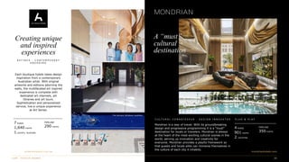 Each boutique hotels takes design
inspiration from a contemporary
Australian artist. With original
artworks and editions adorning the
walls, the multifaceted art inspired
experience is complete with
dedicated art channels, art
libraries and art tours.
Sophistication and personalized
service, live a unique experience
at Art Series.
Creating unique
and inspired
experiences
R E F I N E D · C O N T E M P O R A R Y
E N G A G I N G
artserieshotels.com.au
The Johnson, Brisbane, Australia
The Chen, Box Hill, Australia
Park Avenue, New York, USA
South Beach, Miami, USA
A “must”
cultural
destination
Mondrian is a way of travel. With its groundbreaking
design and progressive programming it is a “must”
destination for locals or travelers. Mondrian is always
at the heart of the most exciting cultural scenes in the
world, serving up innovation and creativity for
everyone. Mondrian provides a playful framework so
that guests and locals alike can immerse themselves in
the culture of each city it inhabits.
C U L T U R A L C O N N O I S S E U R · D E S I G N I N N O V A T O R · P L U G & P L A Y
mondrianhotels.com
4 hotels
901 rooms
2 countries
PIPELINE
350 rooms
7 hotels
1,640 rooms
1 country, Australia
PIPELINE
290 rooms
 