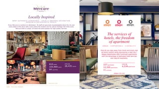 810 hotels
104,969 rooms
64 countries
PIPELINE
28,435 rooms
Every Mercure is a portal to a destination. Its staff are genuinely knowledgeable about the city and
every detail of the decor tells a story about the location and its cultural heritage. But while every
Mercure hotel is unique, all share the same passion for high-quality services.
Locally Inspired
M O S T A U T H E N T I C E X P E R I E N C E · L O C A L L Y I N S P I R E D D E C O R A T I O N
G E N U I N E & E N T H U S I A S T I C P E O P L E
mercure.comMercure Surabaya, Indonesia
How do you stay away from home and enjoy real
at-home comfort while discovering a new city ?
Adagio Aparthotels offer functional apartments
with the advantage of dedicated hotel services
and natural hospitality.
The services of
hotels, the freedom
of apartment
U R B A N · C O M F O R T A B L E · F L E X I B I L I T Y
adagio-city.com
107 aparthotels
12,200 apartments
11 countries
PIPELINE
6,538 apartments
Mercure Kaliningrad, Russia
Adagio Aix-en-Provence, France
 