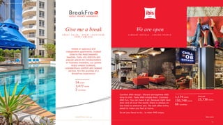 BreakFree Moroccan, Australia
Hotels or spacious and
independent apartments, located
close to the most beautiful
beaches, lively city districts and
popular places for holidaymakers
or business travellers, our guests
enjoy unique locations,
unpretentious comfort and relaxed
service. It's the promise of a
BreakFree experience!
Give me a break
G R E A T V A L U E · G R E A T L O C A T I O N S
G R E A T B R E A K S
24 hotels
3,477 rooms
2 countries
breakfree.com.au ibis.com
ibis Saint-Quentin-en-Yvelines, France
ibis London Canning Town, United Kingdom
Comfort AND design. Vibrant atmosphere AND
time to chill. Tasty AND simple food. Coziness
AND fun. You can have it all. Because right next
door and all over the world, there is always an
ibis hotel to welcome you. We look after every
detail to make you feel at home.
So all you have to do… is relax AND enjoy.
We are open
V I B R A N T H O T E L S · C A R I N G P E O P L E
1,174 hotels
150,748 rooms
66 countries
PIPELINE
25,736 rooms
New lobby concept, Agora Designibis Barcelona, Spain
 