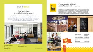 Mama Works Cours Lafayette Lyon,France
Mama Works Cours Lafayette Lyon,France
Mama Works Bordeaux, France
Every Nextdoor next-generation workspace – with its dedicated service team –
is designed to help you be as productive as possible. Whether you are a
freelancer or entrepreneur looking for a welcoming coworking environment or
a company needing flexible, private offices, Nextdoor has the space to make
your working life more positive and creative every day.
Your partner
in collaborative work
F U L F I L L M E N T · P E R F O R M A N C E · C O L L E C T I V E S P I R I T
Nextdoor Lyon Part-Dieu, France
my-nextdoor.com
+5,000 workspaces
8 workplaces
50,000 sqm
mamaworks.com
Mama Works is a veritable cocoon of well-being, conducive to inspiration and
concentration. It is an invigorating agora for creative teams to debate, discuss
and brainstorm. It is a luminous loft where ideas, people and energies flow
freely. Mama Works is freedom and flexibility, a rallying point for everyone
from cutting-edge CEOs and promising entrepreneurs to go-getter freelancers.
Occupy the office!
O F F I C E S · M E E T I N G R O O M S · C O W O R K I N G
PIPELINE
55 workplaces in 2024
Mama Works Lille
Mama Works Lyon
Mama Works Bordeaux
PIPELINE
2 workplaces
1,600 sqm
1,812 sqm
3,083 sqm
3,800 sqm
 