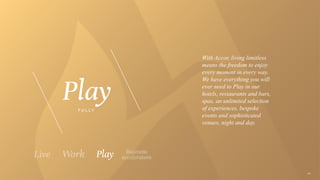 With Accor, living limitless
means the freedom to enjoy
every moment in every way.
We have everything you will
ever need to Play in our
hotels, restaurants and bars,
spas, an unlimited selection
of experiences, bespoke
events and sophisticated
venues, night and day.
F U L L Y
 
