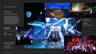 E N T E R T A I N M E N T
Hôtel des Arts, Social Club, Saigon, Vietnam
Raspoutine, Paris, France
In unforgettable places all over the
world – from rooftop venues to
underground clubs, breathtaking bars
to remarkable restaurants – Accor
offers the very best in entertainment
all year round. By creating new ways
of making memorable moments,
Accor continues to make every guest
experience truly exceptional.
Making
new memories
800
events every year
40
events worldwide
3,000
events every year
 