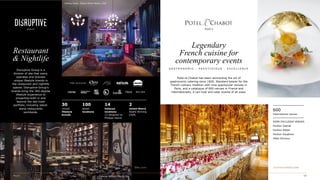 Doheny Room, Delano Miami Beach, USA
Disruptive Group is a
division of sbe that owns,
operates and licenses
unique lifestyle brands in
the restaurant and nightlife
spaces. Disruptive Group’s
brands bring the 360-degree
lifestyle experience to
properties both in and
beyond the sbe hotel
portfolio, including stand-
alone restaurants
worldwide.
Restaurant
& Nightlife
30
unique
lifestyle
brands
100
global
locations
14
Katsuya
locations
13 designed by
Philippe Starck
2
James-Beard
Award Winning
Chefs
Potel et Chabot has been reinventing the art of
gastronomic catering since 1820. Standard bearer for the
French culinary tradition with nine spectacular venues in
Paris, and a catalogue of 600 venues in France and
internationally, it can host and cater events of all sizes.
Legendary
French cuisine for
contemporary events
G A S T R O N O M I C · P R E S T I G I O U S · E X C E L L E N C E
600
International venues
SOME EXCLUSIVE VENUES
Pavillon Gabriel
Pavillon Kléber
Pavillon Dauphine
Hôtel d’Evreux
Katsuya, Brickell, Miami, USA
 