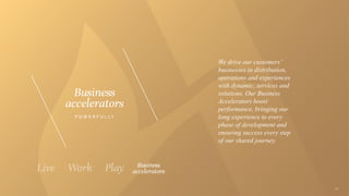 We drive our customers’
businesses in distribution,
operations and experiences
with dynamic, services and
solutions. Our Business
Accelerators boost
performance, bringing our
long experience to every
phase of development and
ensuring success every step
of our shared journey.
P O W E R F U L L Y
 