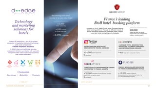 Technology
and marketing
solutions for
hotels
11,000
hotels customers
+100 countries
in Europe and APAC
+6.5M€ in R&D/year
gekko-group.de
Maximising your hotel
revenue is as easy as a swipe
Availpro & Fastbooking - two of the largest
companies in hospitality distribution technology -
unite under a new brand:
D-EDGE Hospitality Solutions.
D-EDGE’s high-end technology provides
independent hoteliers and chains with a smooth,
transparent 360° suite of solutions to optimise
their online distribution:
3 Fundamentals
Easy-to-use  Reliability  Proximity
d-edge.com
Founded in 2010, Gekko Group is the European leading
hotel booking platform. Through its different brands, it
brings innovative solutions to corporate travel, leisure
travel and hotel contracting and wholesale.
600,000
hotels all over the world,
hotel chains and independent
hotels, private rental...
France’s leading
BtoB hotel booking platform
FRENCH WHOLESALER DEDICATED
TO FRENCH INDEPENDENT HOTELS
HOTEL BOOKING SPECIALIST
DEDICATED TO TRAVEL AGENCIES
+14,000 travel agencies
9 countries
FIRST LOYALTY PROGRAMME IN EUROPE
DEDICATED TO TRAVEL AGENTS
+30,000 members across Europe, among
which 85% are active users
8 countries
A UNIQUE HOTEL BOOKING TOOL
DEDICATED TO LARGE COMPANIES
AND INTERNATIONAL GROUPS
+400 long-term corporate clients
+15 000 hotels in France
(independent and local chains, from 2 to
5*) and international chains.
 