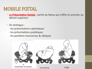 MOBILE FŒTAL
• La Présentation foetale : partie du fœtus qui s’offre en premier au
détroit supérieur
• On distingue :
- les présentations céphaliques
- les présentations podaliques
- les positions transverses & obliques
transverse siège
 
