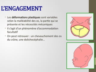 L’ENGAGEMENT
• Les déformations plastiques sont variables
selon la malléabilité des os, la partie qui se
présente et les nécessités mécaniques
• Il s’agit d’un phénomène d’accommodation
facultatif
• On peut retrouver : un chevauchement des os
du crâne, une dolichocéphalie…
 