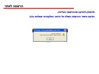 ולהמתין להודעה שההרשמה הצליחה , הודעת אישור ההרשמה תשלח אל הדואר האלקטרוני שמלאת בדף .  הרשמה לאתר 