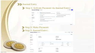 Journal Entry
Step 1: Activate Payment via Journal Entry:
Step 2: Make Payment:
Step 3: Journal Entry:
 