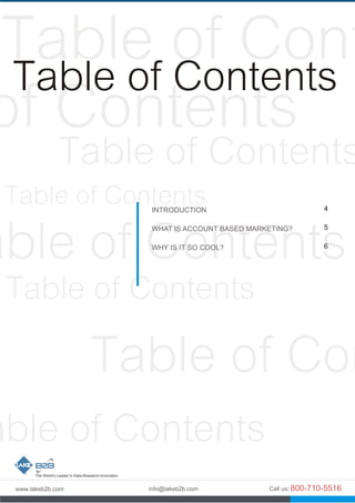 Table of Contents
INTRODUCTION
WHAT IS ACCOUNT BASED MARKETING?
WHY IS IT SO COOL?
4
5
6
 