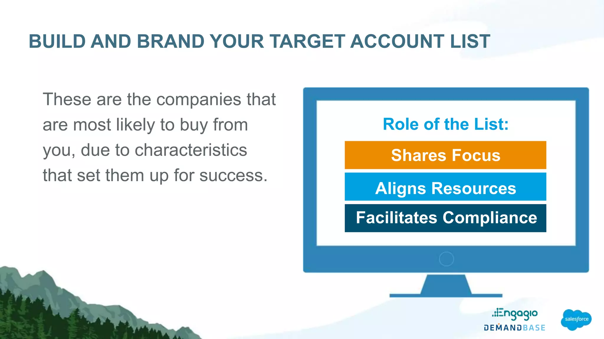 BUILD AND BRAND YOUR TARGET ACCOUNT LIST
These are the companies that
are most likely to buy from
you, due to characteristics
that set them up for success.
Shares Focus
Aligns Resources
Facilitates Compliance
Role of the List:
 