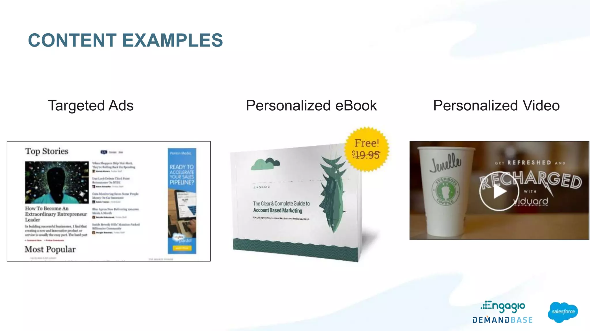 CONTENT EXAMPLES
Targeted Ads Personalized eBook Personalized Video
 
