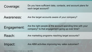 Copyright ©2016, Engagio Inc. All rights reserved. @jonmiller
Impact: Are ABM activities improving key sales outcomes?
Do you have sufficient data, contacts, and account plans for
each target account?
Coverage:
Are the target accounts aware of your company?Awareness:
Are marketing programs reaching target accounts?Reach:
Are the right people at the account spending time with your
company? Is that engagement going up over time?Engagement:
 