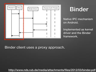 http://www.nds.rub.de/media/attachments/ﬁles/2012/03/binder.pdf
Binder
Binder client uses a proxy approach.
Native IPC mechanism
on Android.
Implemented as kernel
driver and the Binder
framework.
 