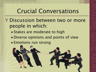Crucial Conversations
Y Discussion between two or more
  people in which:
  • Stakes are moderate to high
  • Diverse opinions and points of view
  • Emotions run strong
 