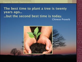 The best time to plant a tree is twenty
years ago...
...but the second best time is today.
                             Chinese Proverb
 