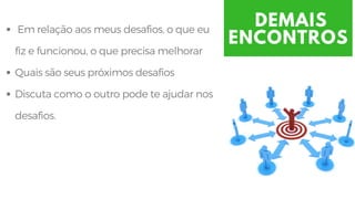 DEMAIS
ENCONTROS
 Em relação aos meus desafios, o que eu
fiz e funcionou, o que precisa melhorar
Quais são seus próximos desafios
Discuta como o outro pode te ajudar nos
desafios. 
 
