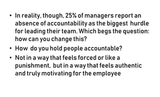 • In reality, though, 25% of managers report an
absence of accountability as the biggest hurdle
for leading their team. Which begs the question:
how can you change this?
• How do you hold people accountable?
• Not in a way that feels forced or like a
punishment, but in a way that feels authentic
and truly motivating for the employee
 