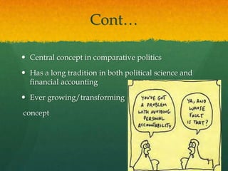 Cont…
Central concept in comparative politics
Has a long tradition in both political science and
financial accounting
Ever growing/transforming
concept
 