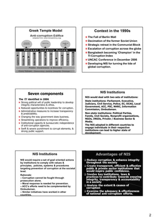 2
Greek Temple Model Context in the 1990s
The Fall of Berlin Wall
Decimation of the former Soviet Union
Strategic retreat in the Communist Block
Escalation of corruption across the globe
Bangladesh becoming ‘Champion’ in the
TI Corruption Index
UNCAC Conference in December 2006
Developing NIS for turning the tide of
global corruption.
Seven components
The TI identified in 2006
Strong political will of public leadership to develop
integrity characteristics & ethos.
Reduced opportunities & incentives for corruption.
Administrative measures to increase transparency
& predictability.
Changing the way government does business.
Streamlining operations to improve efficiency.
Institutional capacity & bureaucratic independence
of anti-corruption agencies.
Swift & severe punishment to corrupt elements; &
strong public support.
NIS would deal with two sets of institutions:
State institutions: Parliament, Executive,
Judiciary, Civil Service, Police, EC, OCAG, Local
Government, ACC, PSC, NHRC, Information
Commission, Ombudsman.
Non-state institutions: Political Parties,
Family, Civil Society, Nonprofit organizations,
NGOs, INGOs, Private / Business Sector &
Media.
The NIS adopted in different countries to
engage individuals in their respective
institutions can lead to higher state of
development.
NIS Institutions
NIS would require a set of goal oriented actions
by institutions to comply with values &
principles, policies, systems & procedures
targeting prevention of corruption at the societal
level.
Rationale:
– Corruption cannot be fought through
prosecution alone.
– Moral response is needed for prevention.
– ACC’s efforts need to be complemented by
Ombudsman.
– Similar initiatives have worked in other
countries.
NIS Institutions
 