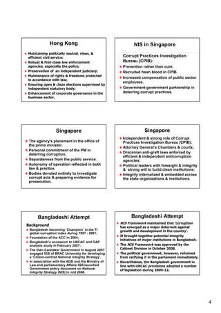 4
Hong Kong
Maintaining politically neutral, clean, &
efficient civil service;
Robust & first-class law enforcement
agencies, especially the police;
Preservation of an independent judiciary;
Maintenance of rights & freedoms protected
in accordance with law;
Ensuring open & clean elections supervised by
independent statutory body;
Enhancement of corporate governance in the
business sector.
NIS in Singapore
Corrupt Practices Investigation
Bureau (CPIB):
Prevention rather than cure.
Recruited fresh blood in CPIB.
Increased compensation of public sector
employees.
Government-government partnership in
deterring corrupt practices.
Singapore
The agency's placement in the office of
the prime minister.
Personal commitment of the PM in
deterring corruption.
Separateness from the public service.
Autonomy of operation reflected in both
law & practice.
Bodies devoted entirely to investigate
corrupt acts & preparing evidence for
prosecution.
Singapore
Independent & strong role of Corrupt
Practices Investigation Bureau (CPIB);
Attorney General’s Chambers & courts;
Draconian anti-graft laws enforced by
efficient & independent anticorruption
agencies;
Political leaders with foresight & integrity
& strong will to build clean institutions;
Integrity internalized & embedded across
the state organizations & institutions.
Bangladeshi Attempt
Background
Bangladesh becoming ‘Champion’ in the TI
global corruption index during 1997 - 2001;
Foundation of the ACC in 2004;
Bangladesh’s accession to UNCAC and GAP
analysis study in February 2007;
The then Caretaker Government in August 2007
engaged IGS of BRAC University for developing
a ‘Citizen-centred National Integrity Strategy’.
In association with the ADB and the Ministry of
Law and parliamentary Affairs IGS launched
Government policy document on National
Integrity Strategy (NIS) in mid 2008.
Bangladeshi Attempt
NIS Framework maintained that ‘corruption
has emerged as a major deterrent against
growth and development in the country’.
It brought together potential integrity
initiatives of major institutions in Bangladesh.
The NIS Framework was approved by the
Cabinet Division in October 2008.
The political government, however, refrained
from ratifying it in the parliament immediately.
Nevertheless, the Bangladesh government in
line with UNCAC provisions adopted a number
of legislation during 2009-12.
 