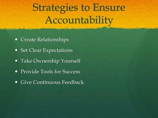 Strategies to Ensure
Accountability
Create Relationships
Set Clear Expectations
Take Ownership Yourself
Provide Tools for Success
Give Continuous Feedback
 
