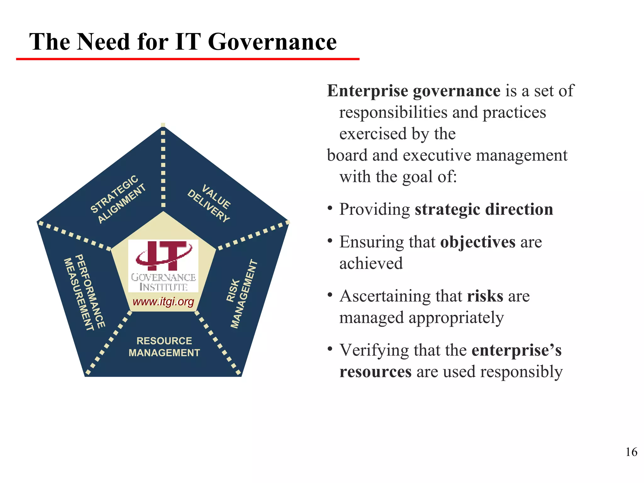 Enterprise governance  is a set of responsibilities and practices exercised by the  board and executive management with the goal of: Providing  strategic direction Ensuring that  objectives  are achieved Ascertaining that  risks  are managed appropriately  Verifying that the  enterprise’s resources  are used responsibly The Need for IT Governance PERFORMANCE MEASUREMENT RESOURCE MANAGEMENT RISK MANAGEMENT VALUE DELIVERY STRATEGIC ALIGNMENT www.itgi.org www.itgi.org 
