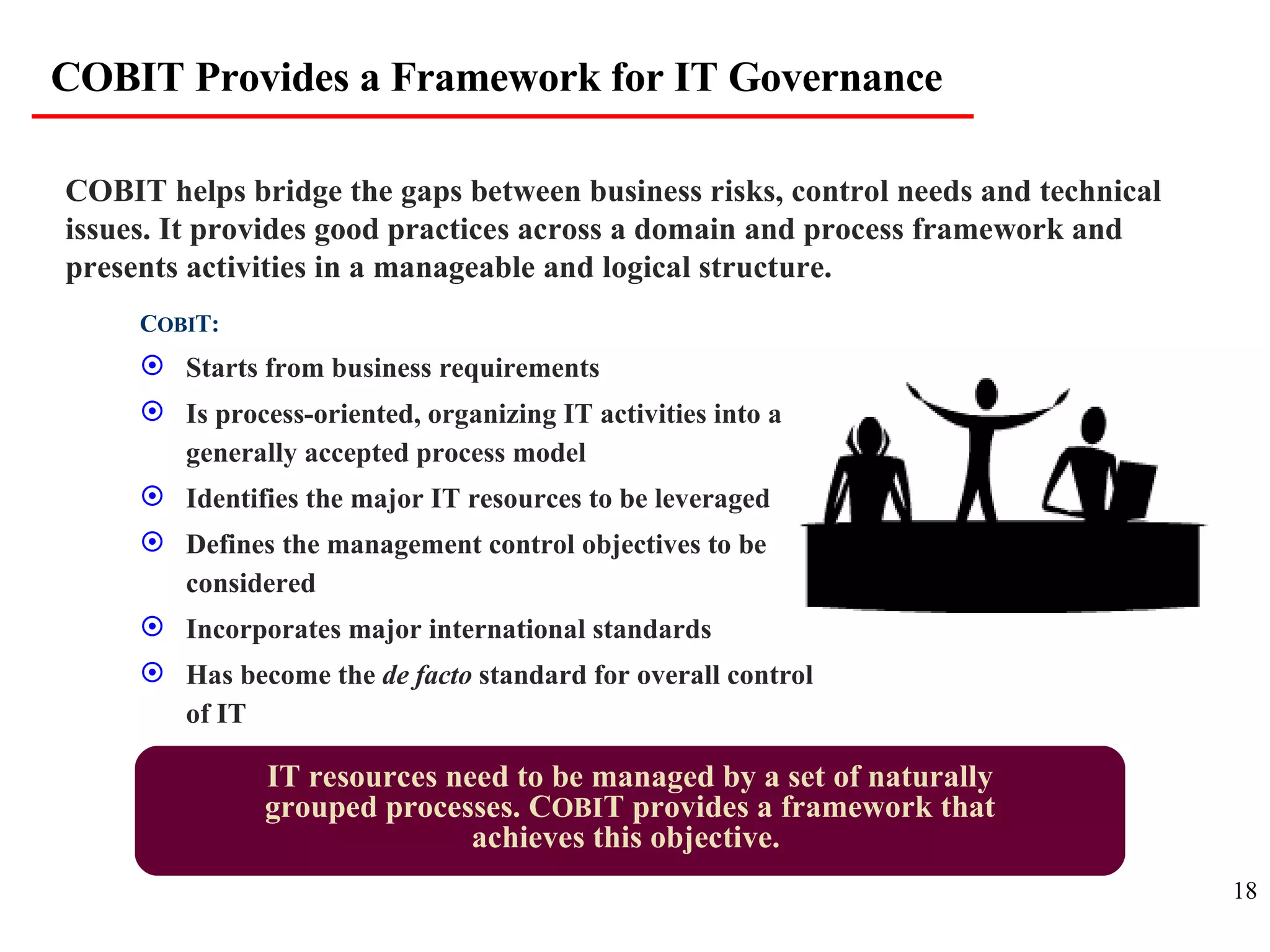 C OBI T: Starts from business requirements Is process-oriented, organizing IT activities into a generally accepted process model Identifies the major IT resources to be leveraged Defines the management control objectives to be considered Incorporates major international standards Has become the  de facto  standard for overall control of IT COBIT helps bridge the gaps between business risks, control needs and technical issues. It provides good practices across a domain and process framework and presents activities in a manageable and logical structure. IT resources need to be managed by a set of naturally grouped processes. C OBI T provides a framework that achieves this objective.  COBIT Provides a Framework for IT Governance 