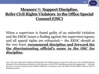 Measure 7: Support Discipline.
Refer Civil Rights Violators to the Office Special
Counsel (OSC)
When a supervisor is found guilty of an unlawful violation
and the EEOC issues a finding against the supervisor/agency
and all appeal rights are exhausted--- the EEOC should at
the very least, recommend discipline and forward the
the discriminating official’s name to the OSC for
discipline.
Note: The C4C conducted a Freedom of Information Act (FOIA) inquiry to assess how often, if at all, the EEOC followed
through with its enforcement authority by referring cases to the OSC for disciplinary action when appropriate. We found
that over a ten year period and after finding retaliation in numerous cases, the EEOC referred ZERO names to OSC for
disciplinary action.
14
 