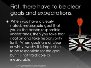     When you have a clearly
    stated, measurable goal that
    you as the person responsible
    understands, then you take that
    goal on and take responsibility
    for it. When goals are unclear
    or wishy, washy it is impossible
    to be responsible for the goal
    but it is not trackable or
    measurable.
       www.CompassRoseConsulting.com   5
 