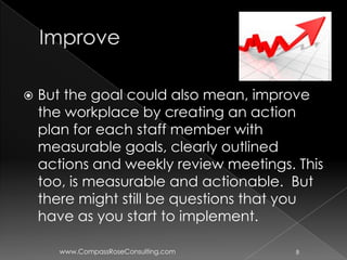    But the goal could also mean, improve
    the workplace by creating an action
    plan for each staff member with
    measurable goals, clearly outlined
    actions and weekly review meetings. This
    too, is measurable and actionable. But
    there might still be questions that you
    have as you start to implement.

       www.CompassRoseConsulting.com    8
 
