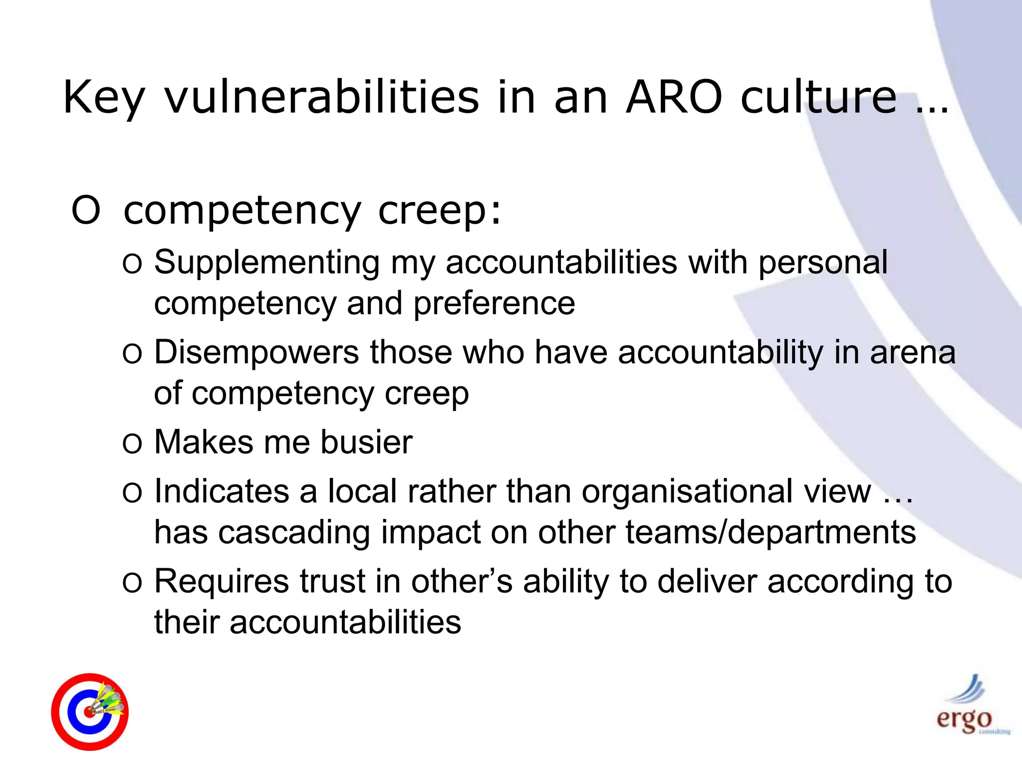 Key vulnerabilities in an ARO culture … competency creep:Supplementing my accountabilities with personal competency and preferenceDisempowers those who have accountability in arena of competency creepMakes me busierIndicates a local rather than organisational view … has cascading impact on other teams/departmentsRequires trust in other’s ability to deliver according to their accountabilities