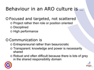 Behaviour in an ARO culture is …Focused and targeted, not scatteredProject rather then role or position orientedDisciplinedHigh performanceCommunication isEntrepreneurial rather than beaurocraticTransparent: knowledge and power is necessarily sharedRobust and often difficult because there is lots of grey in the shared responsibility domain