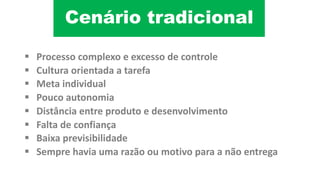 Cenário tradicional
§ Processo complexo e	excesso de	controle
§ Cultura orientada a	tarefa
§ Meta	individual	
§ Pouco autonomia
§ Distância entre	produto e	desenvolvimento
§ Falta de	confiança
§ Baixa previsibilidade
§ Sempre havia uma razão ou motivo para	a	não entrega
 